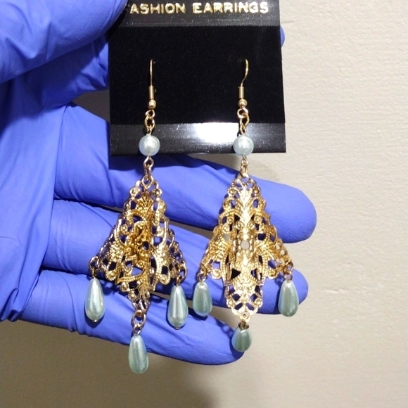 Women's Gold-tone Filigree Design 3.5" Long Beaded Drop Dangle Earrings, #2 - Picture 1 of 5